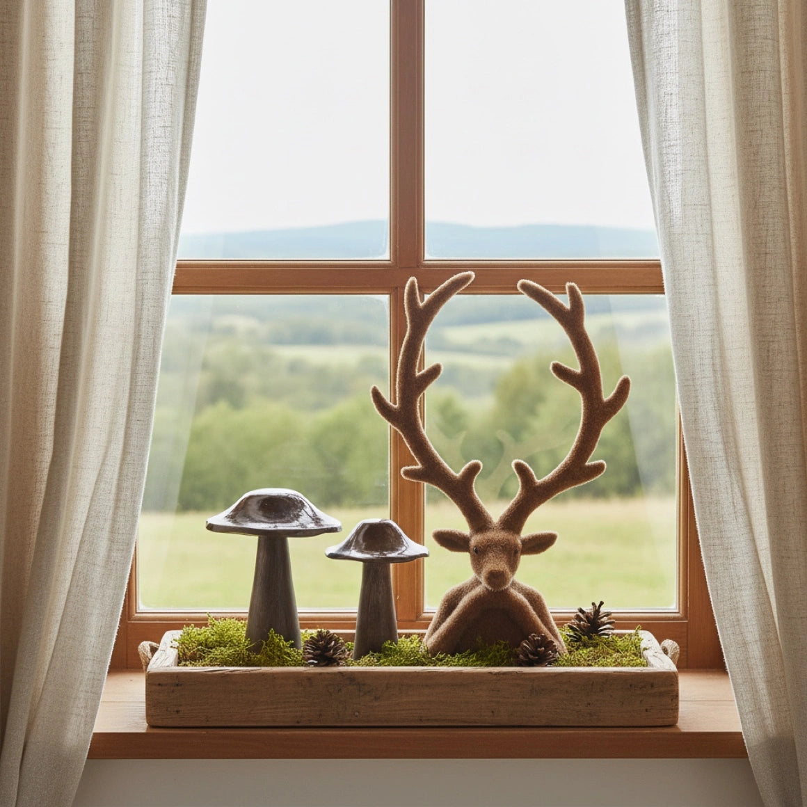 Braune Hirschfigur auf Dekotablett in Fensternische als Herbstdeko