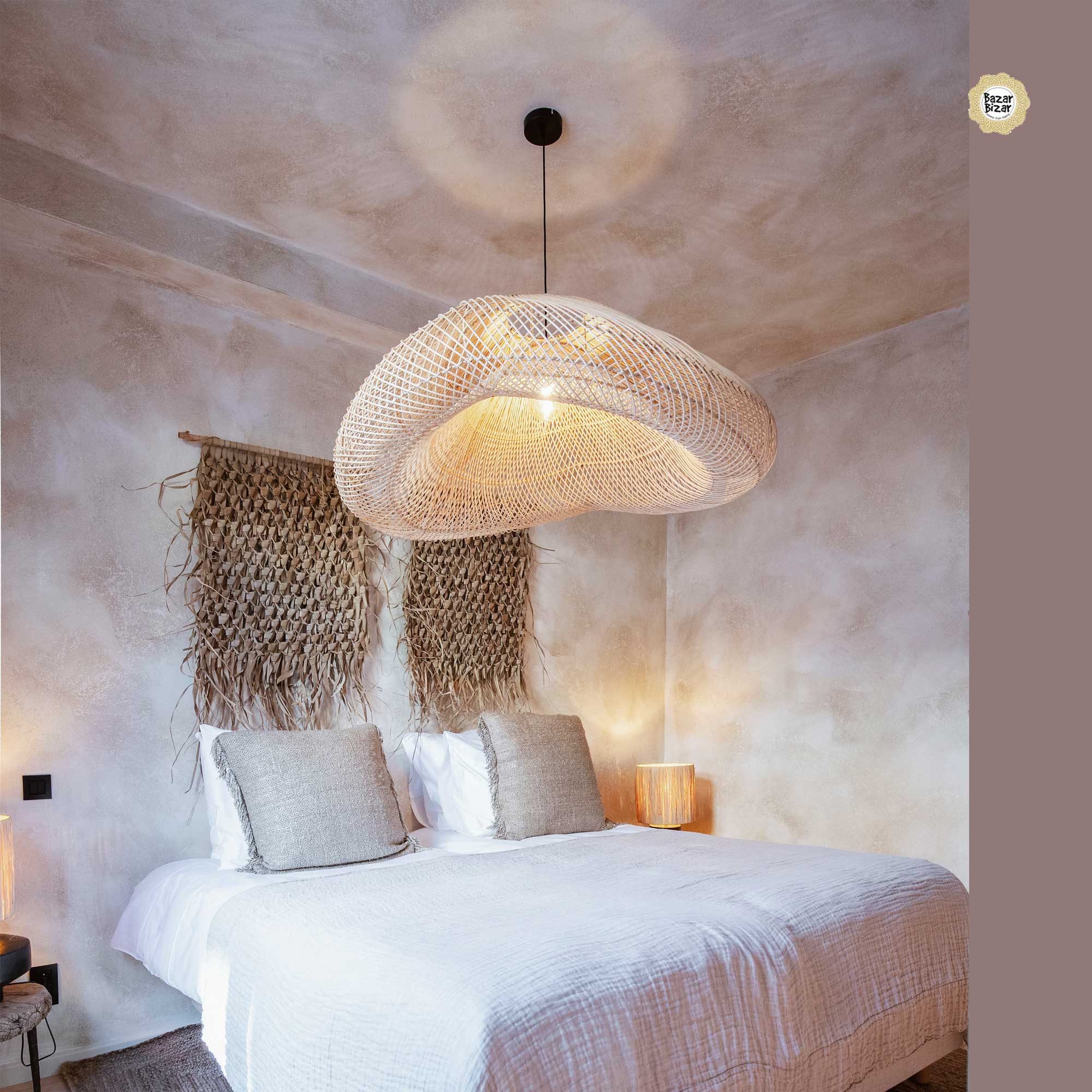 Hängelampe aus Rattan, Holz Lampe für das Schlafzimmer Holzlampe Pendelleuchte Lampenschirm Bazar Bizar Lampenschirm Cloud Pendant