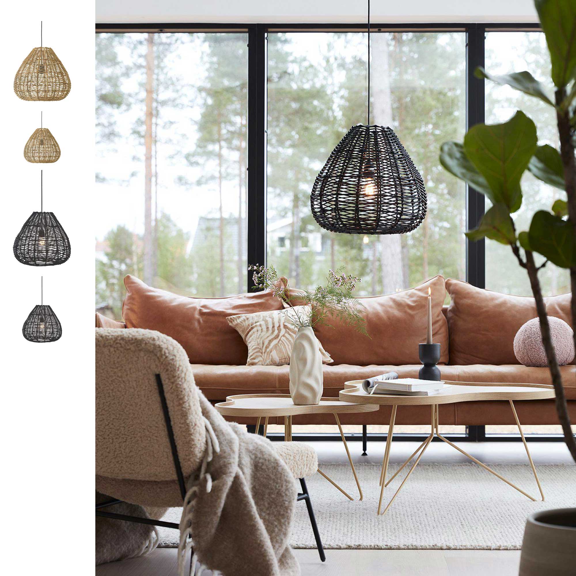 Hängelampe aus Rattan Adelle Rattanlampe hängend in Schwarz oder Braun ♥ Esstischlampe im Soulbirdee Onlineshop ♥ Skandi Style Lampe von PR Home Lampe kaufen Lampenshop