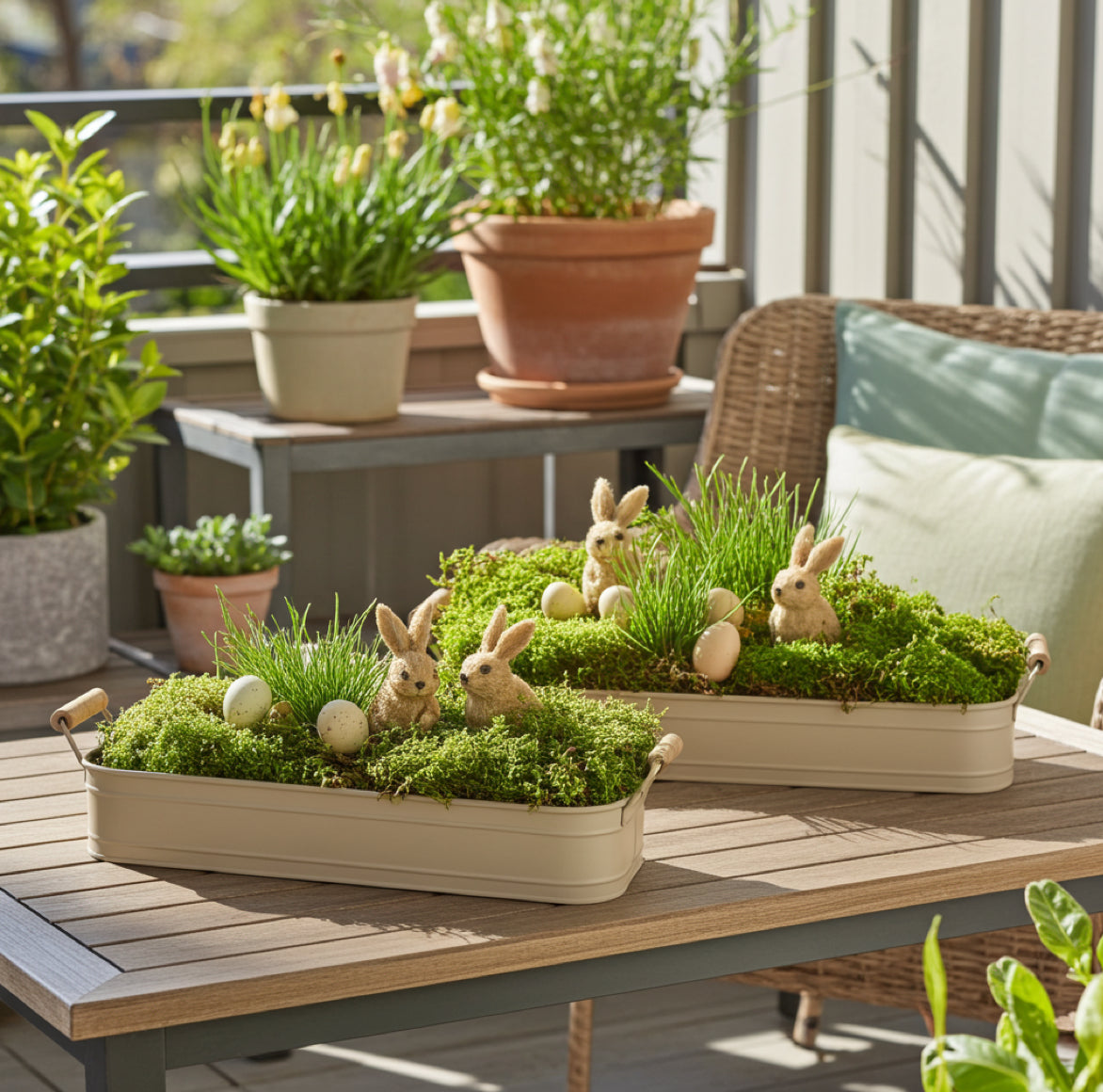 Jardinier Pflanzkasten als Fensterbrett Deko im Frühling mit Hasen als Osterdeko