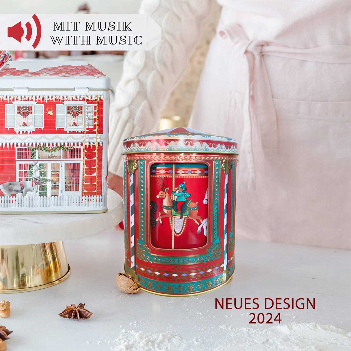 Keksdose Nostalgisch Vintage 2024 Spieluhrdose JAHRMARKT Dose für Plätzchen Weihnachtsdeko Geschenkidee Das Karussell mit den Pferden in der Mitte dreht sich & spielt eine Melodie ☆ Keksdose kaufen mit Musik Soulbirdee Weihnachtsshop