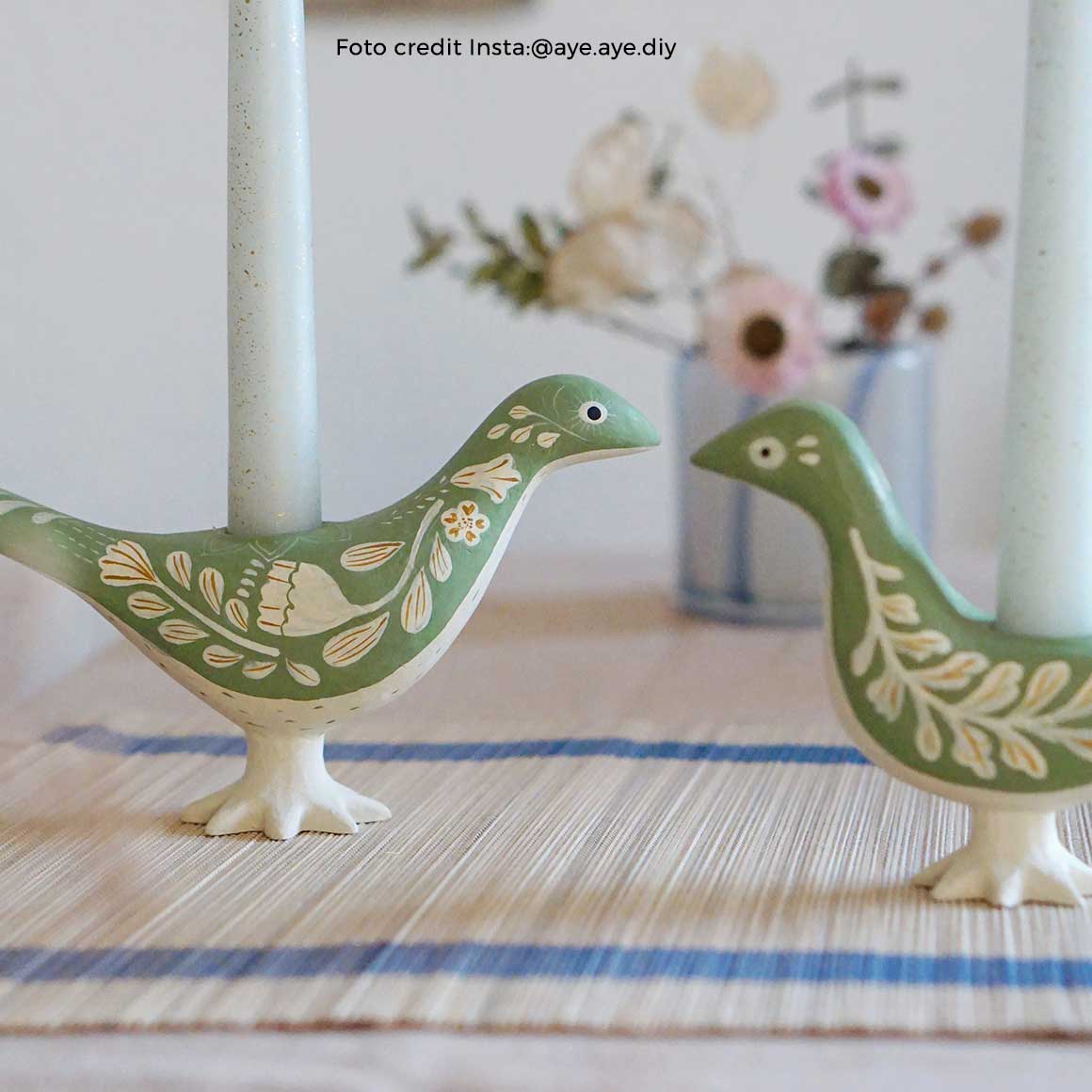 Vogel kerzenständer kerzenhalter grün dänemark bungalow osterdeko handgemacht mama landhaus deko baby bird soulbirdee onlineshop
