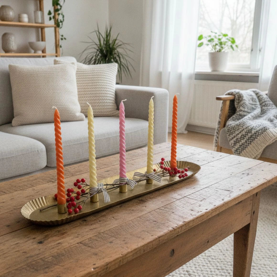 Vintage Kerzenhalter als Adventsdeko auf deinem goldenen Kerzentablett im Boho Style