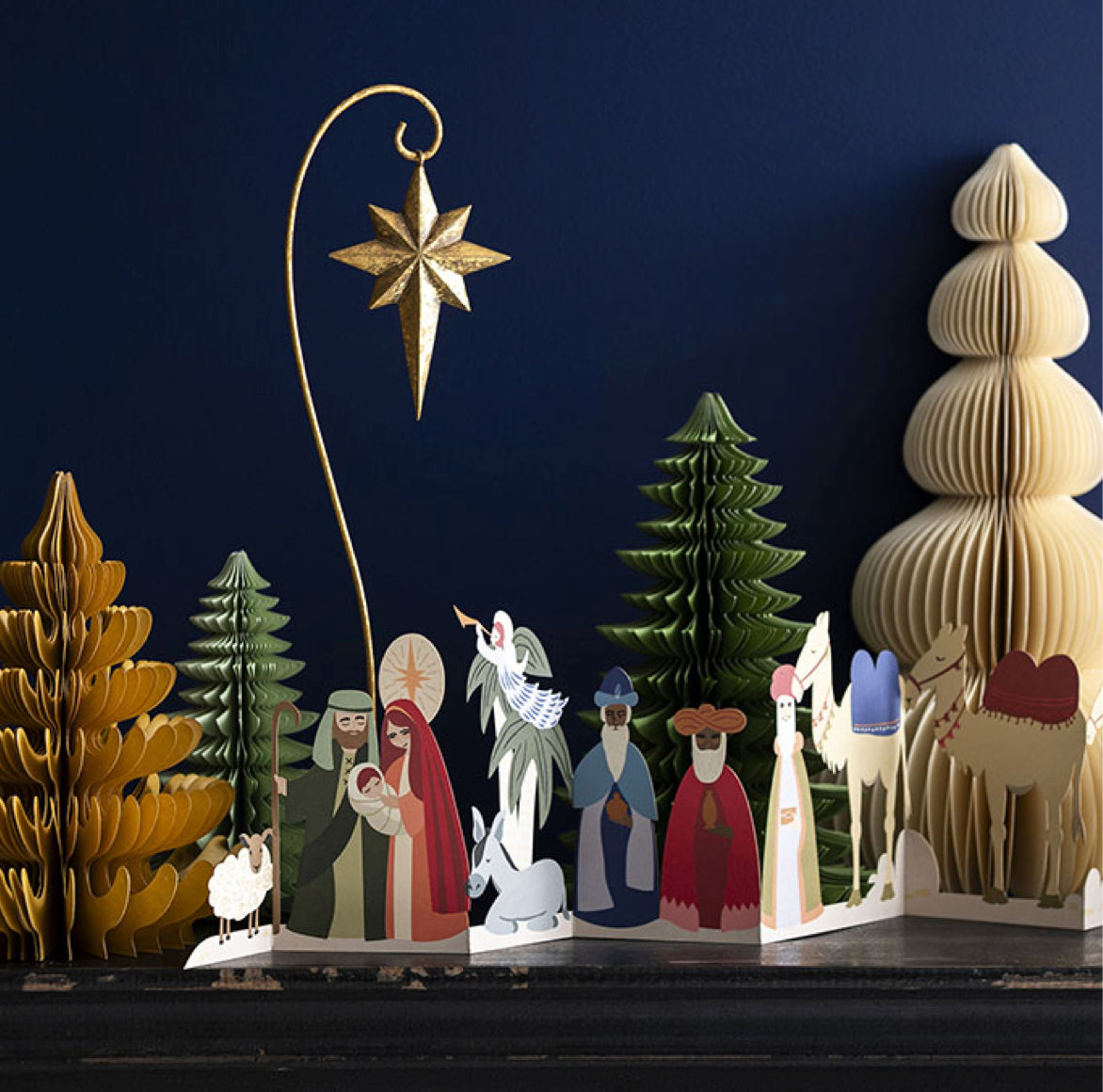 Krippe Girlande Leporello Weihnachtsdeko mit Heilige Familie und Drei Könige als Tischdekoration