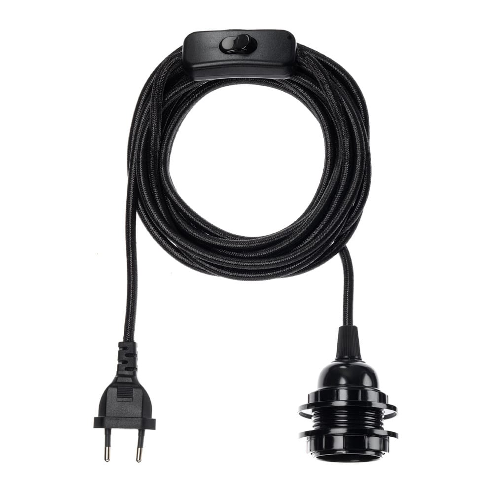 Lampenfassung mit Schalter & Stecker Textilkabel Schwarz für Lampen Lampenfassung E27 Lampenfassung kaufen Soulbirdee Lampenshop Schwarze Elektrik aus Seil für Lampen der Marke Bazar Bizar Lampen Zubehör Lampen kaufen Onlineshop