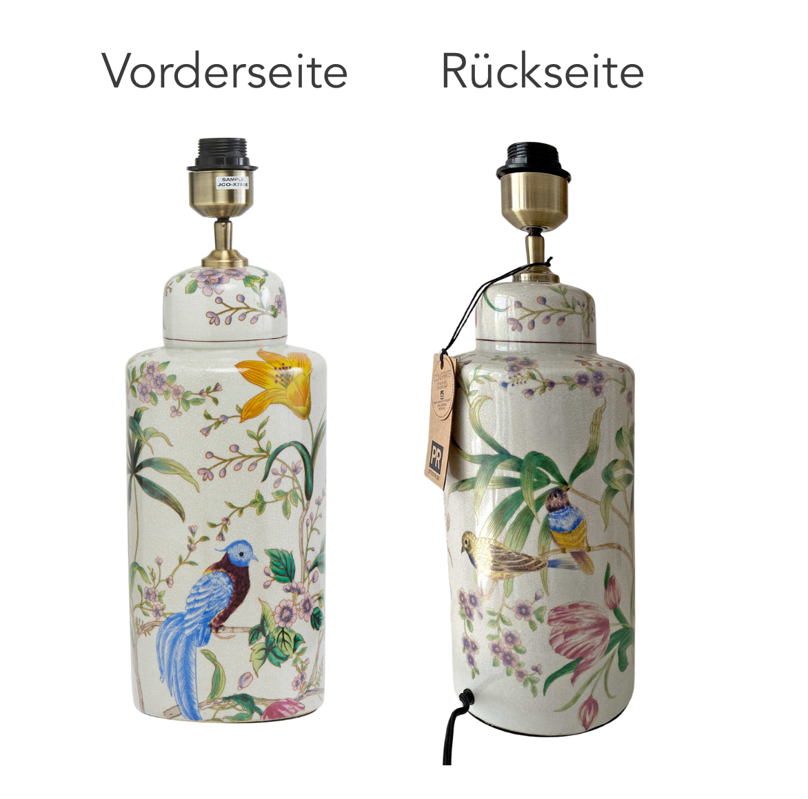 Lampenfuss aus Porzellan  mit Malerei Vogel und Blumen und Craquele Glasur für eine Tischlampe