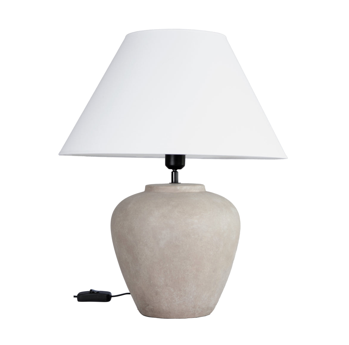 Landhaus Tischlampe aus Keramik in Beige mit weißem Lampenschirm