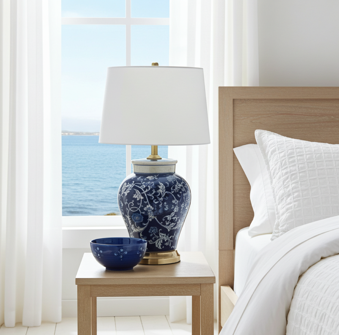 Lampenfuss aus Keramik Porzellan Chinoiserie Hamptons Stil blau weiss als Tischlampe auf Tisch neben Bett im Schlafzimmer
