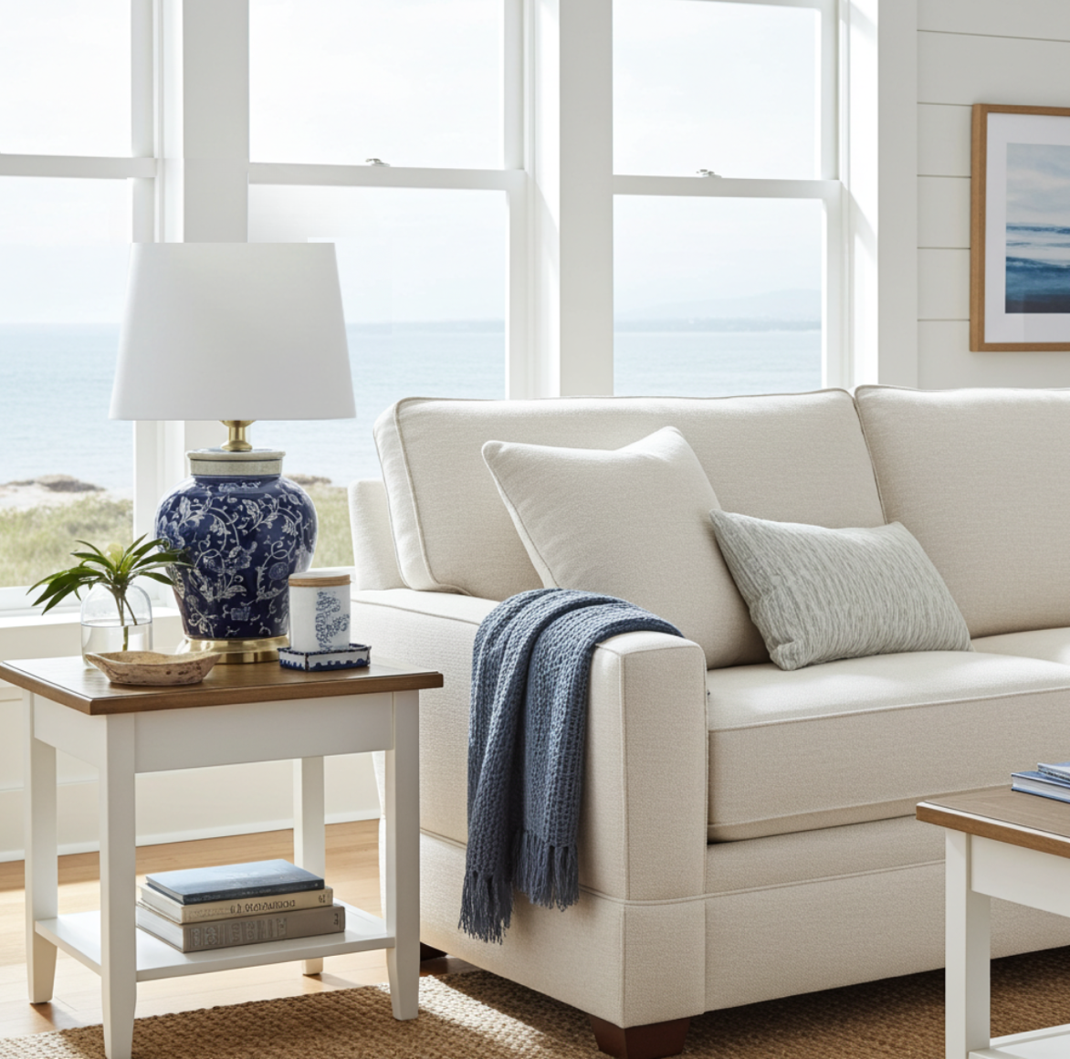 Tischlampe im Hamptons Stil: Blauer Lampenfuss mit Blumen Muster Vasenlampe wie Ingwertopf im Wohnzimmer auf einem Tisch neben einem Sofa