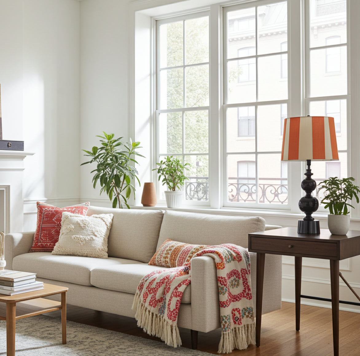 schwarzer glänzend lackierter lampenfuss GRACE von Prhome als Tischlampe mit einem Boho Style Lampenschirm