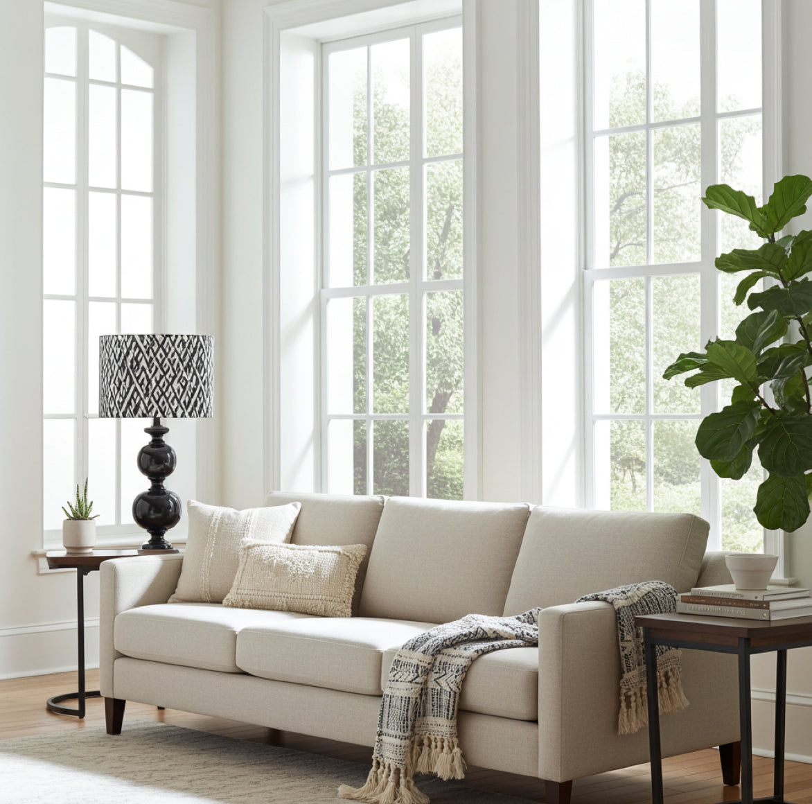 schwarz glänzender Boho Lampenfuss als Tischlampe zusammen mit einem gemusterten Lampenschirm im eleganten Wohnzimmer