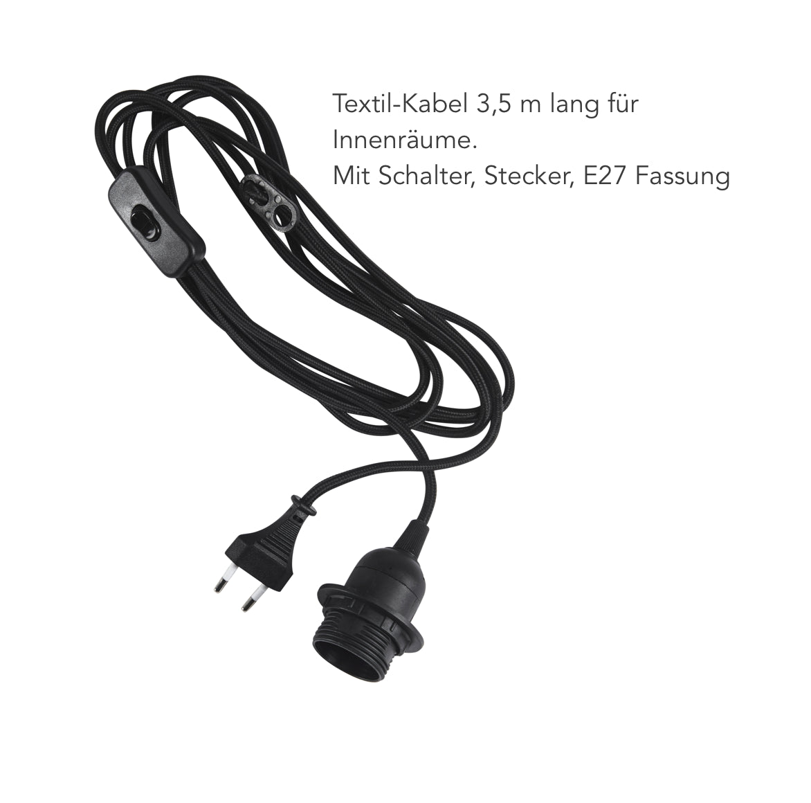 schwarzes Textil-Lampenkabel 350 cm lang für Bodenlampen in Innenräumen mit Stecker, Schalter, E27 Fassung 