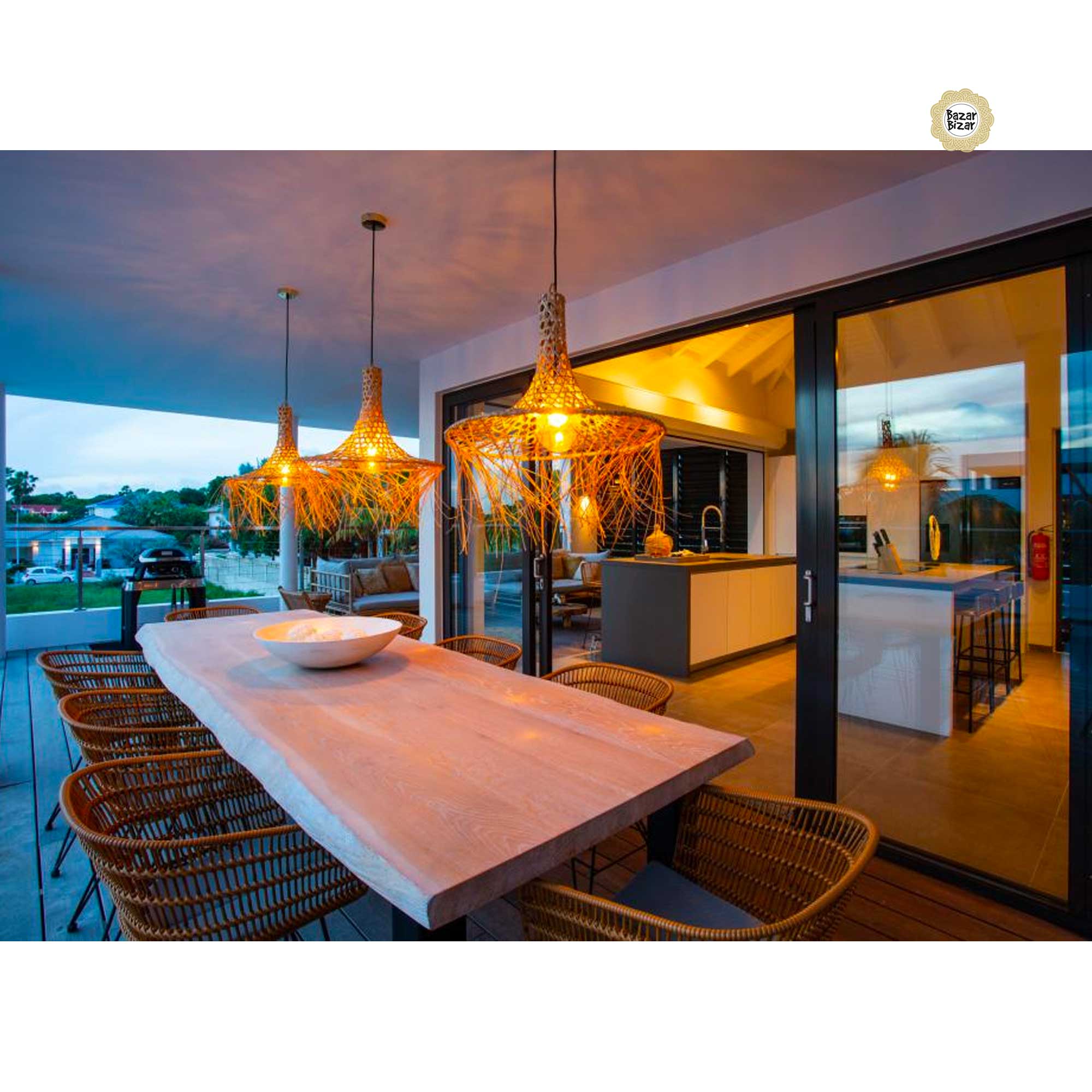 Esstisch-Lampe Rattan Lampenschirm Mykonos Hängelampe im Griechenland Stil Bazar Bizar Bali Esstischlampe für griechisches Restaurant Rattanlampe für den Esstisch Soulbirdee Onlineshop
