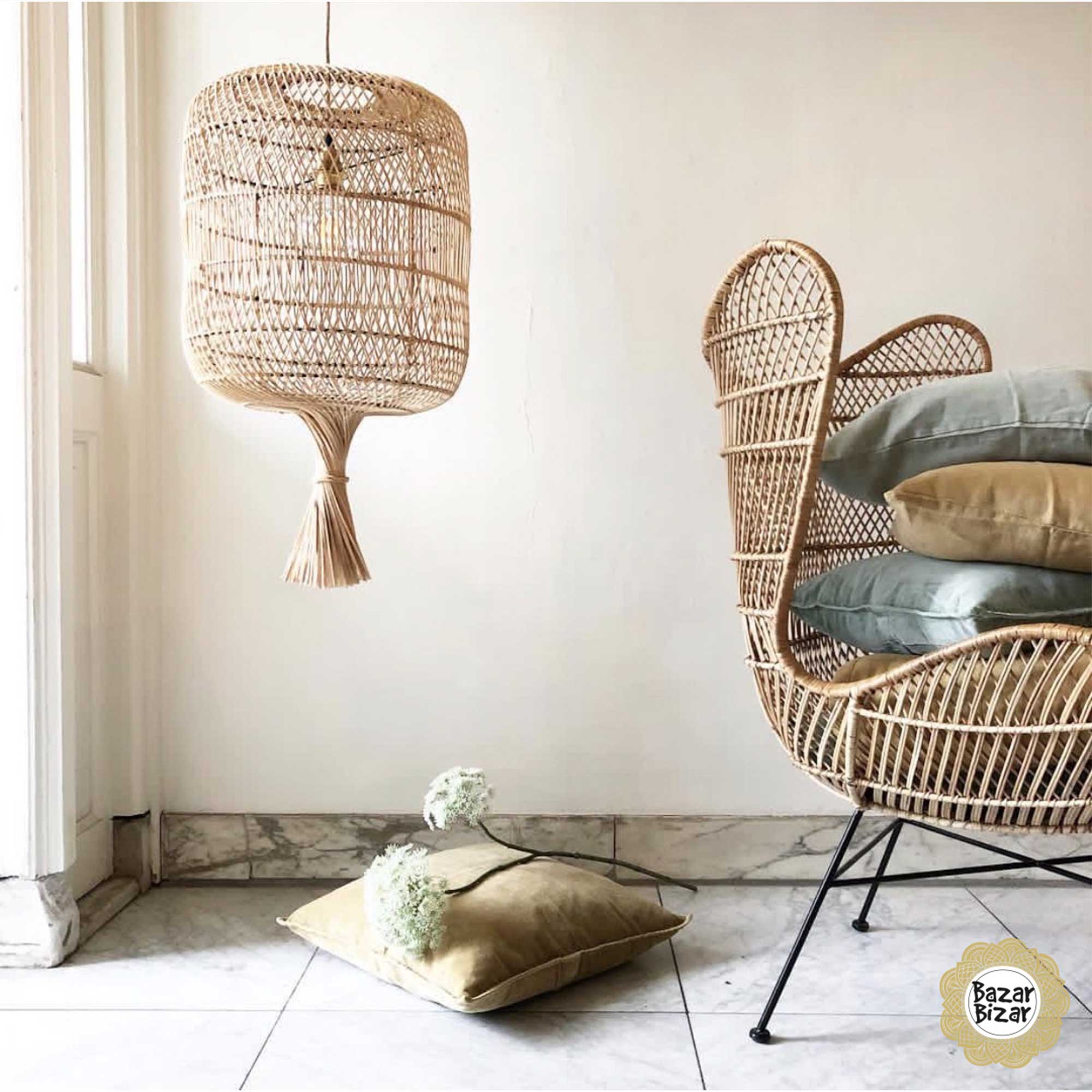 Dumpling Lampenschirm aus Rattan | Hängelampe Rattanlampe geflochten von Bazar Bizar Lampen im Boho Style als Deko oder Hängelampe oder Stehlampe im Soulbirdee Lampenshop Bodenlampe Lampe kaufen