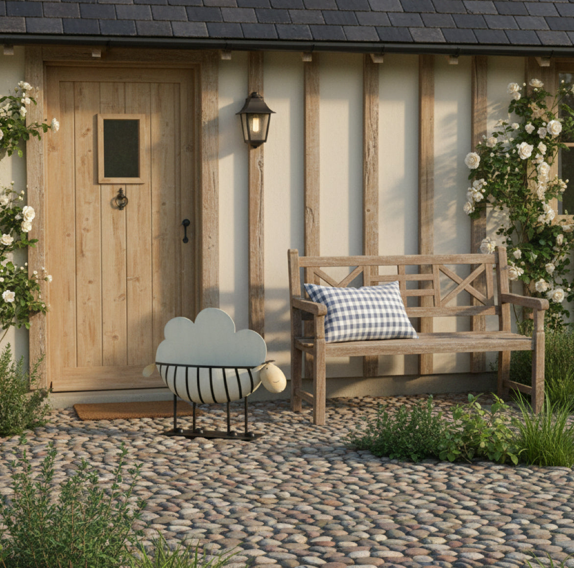 Landhaus Deko für den Hauseingang als Frühlingsdeko oder Osterddko ist das große Schaf aus Metall von Baden bei Soulbirdee