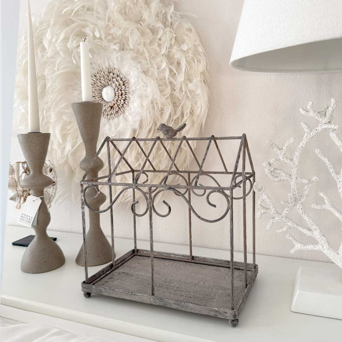 Landhausstil Dekotablett vintage gewächshaus vogel metall kerzentablett kerzenhalter deko grau landhausstil deko soulbirdee onlineshop