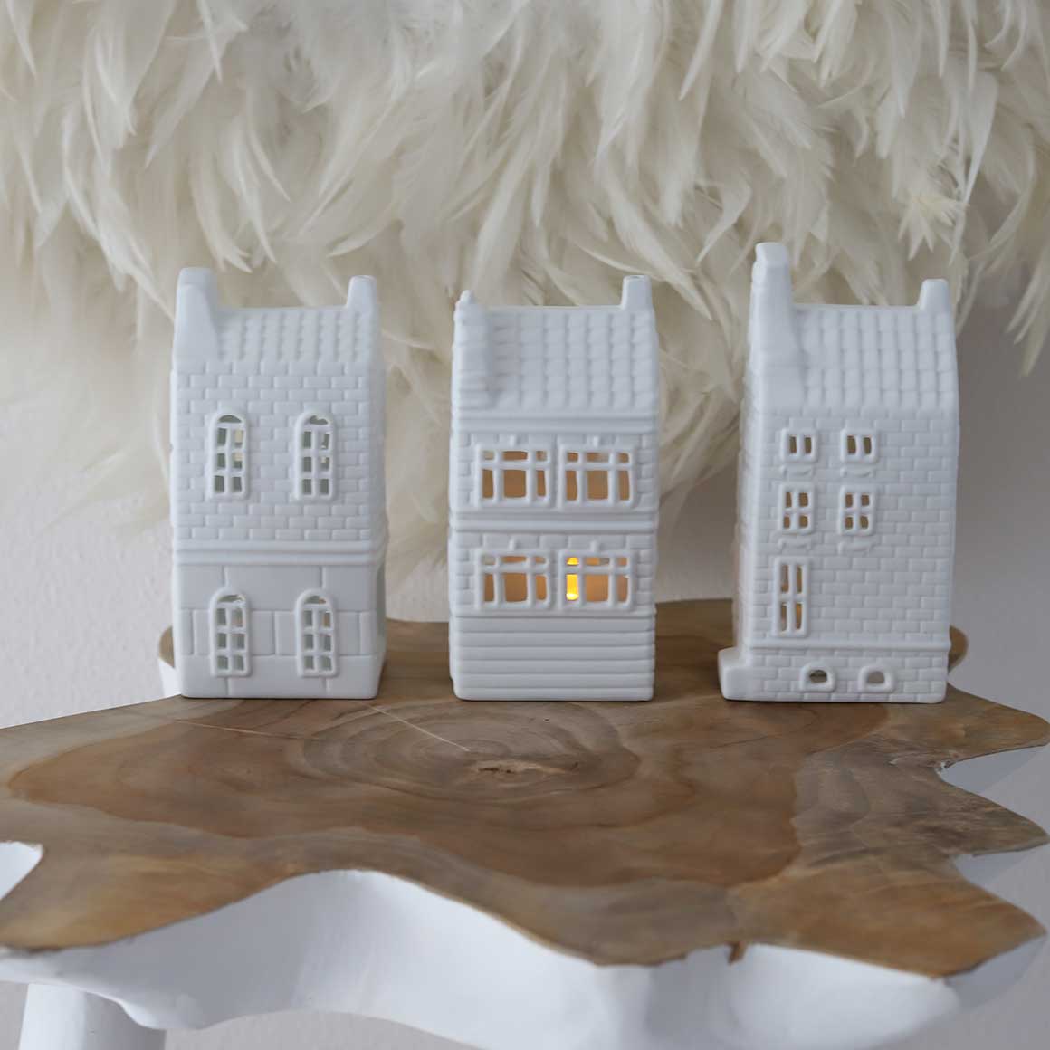 Weisses Lichthaus Herbstdeko Set Amsterdam Holland Lichthäuser für Teelichter Teelichthaus Porzellanhäuser Häuschen weiß Soulbirdee OnlineShop