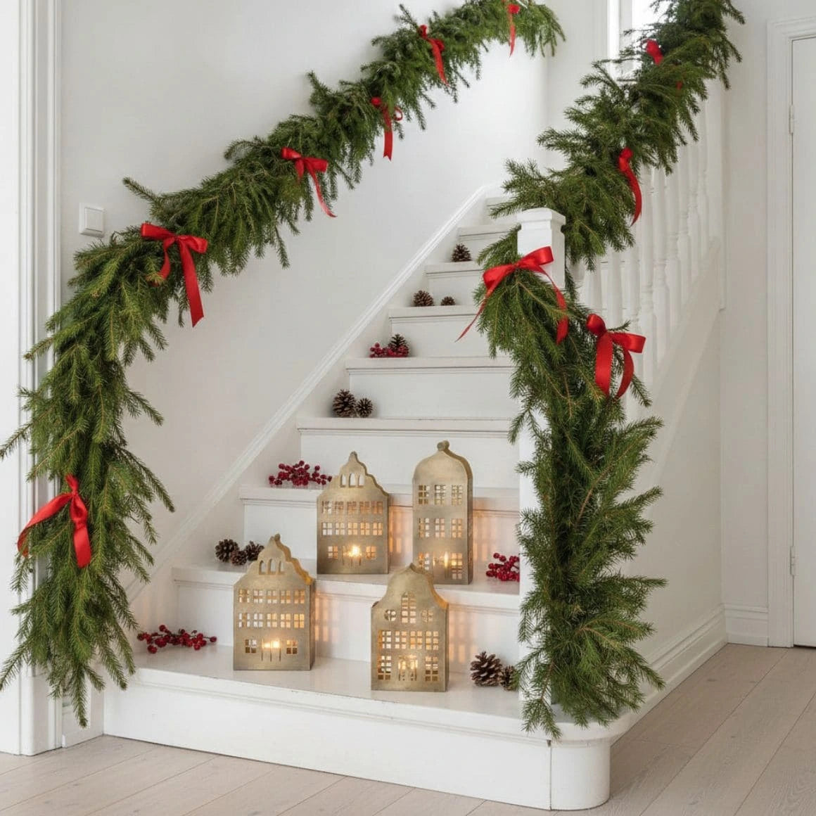 weihnachtsdeko auf treppe im eingangsbereich mit lichthäusern in gold