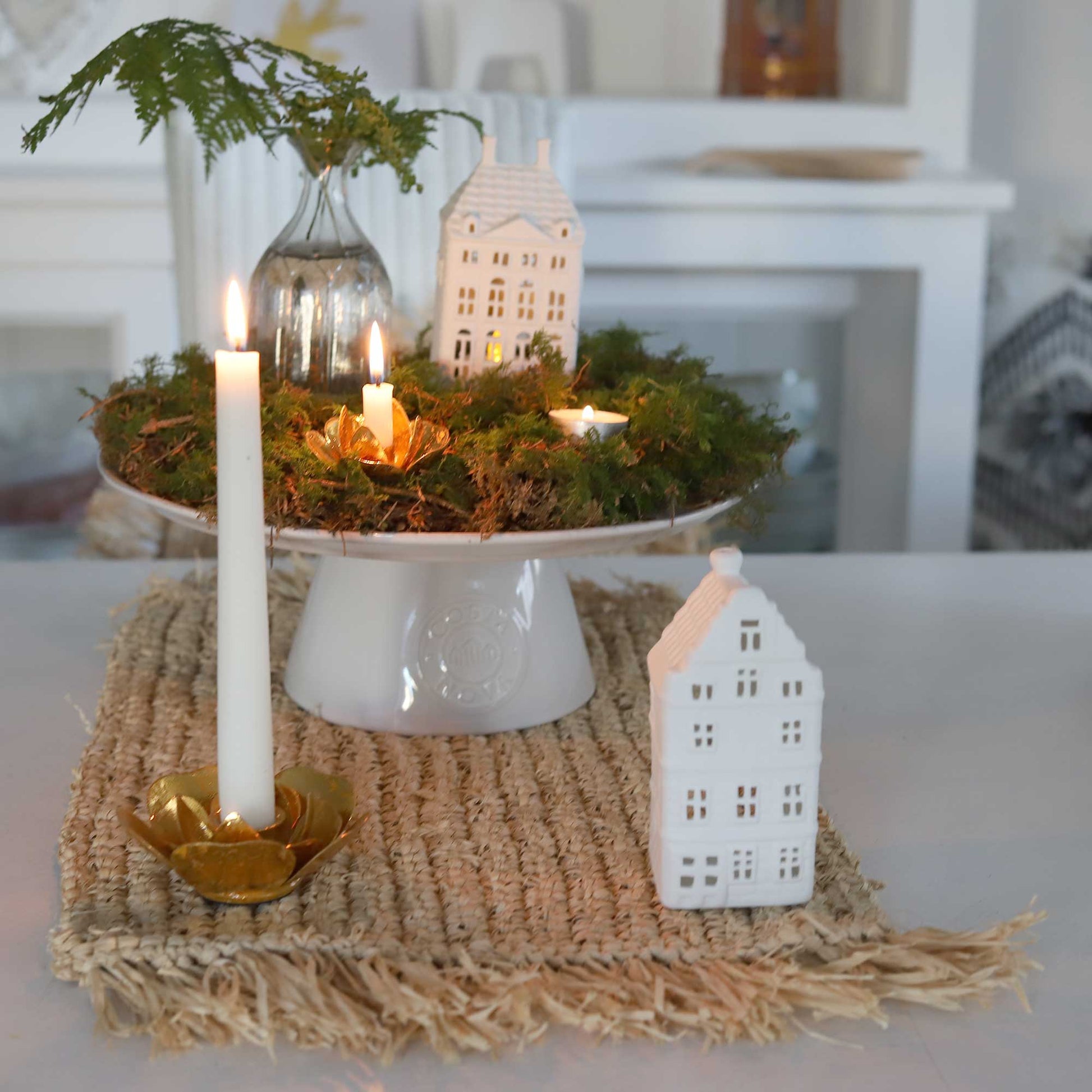 Lichthaus dekorieren auf einem Tortenständer, Teelichthaus Teelicht Haus Soulbirdee Onlineshop Lichthäuser Klevering Lichthäuser Deko Geschenkidee Winterdeko Herbstdeko