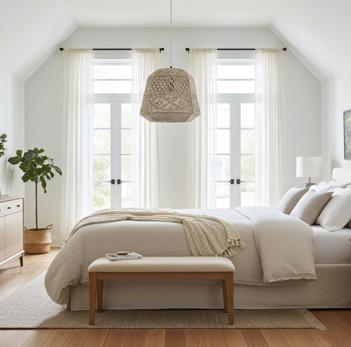 Macramee Leinen Baumwolle Hängelame in Beige Grau hängt im Boho schlafzimmer