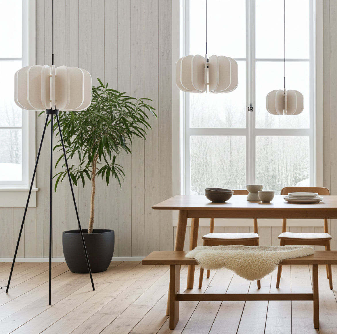 Lampen Kollektion MULA im skandinavischen Boho Japandi Stil mit Hängelampen und Stehlampe