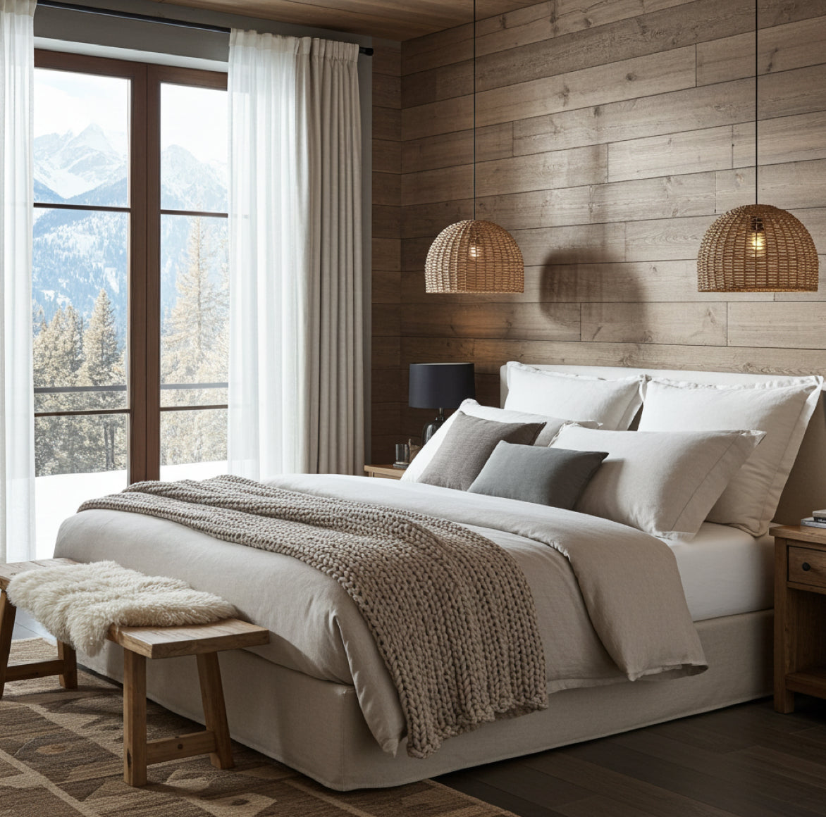 Kleine Cebu Hängelampe 37cm als Nachttischbeleuchtung im Schlafzimmer.