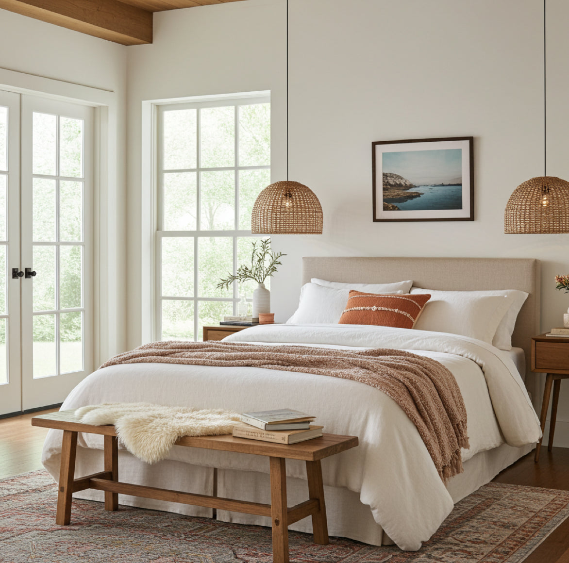 Schlafzimmer-Lampe geflochten aus Naturmaterial als Hängelampe über Nachttisch neben dem Bett als Lese-Beleuchtung