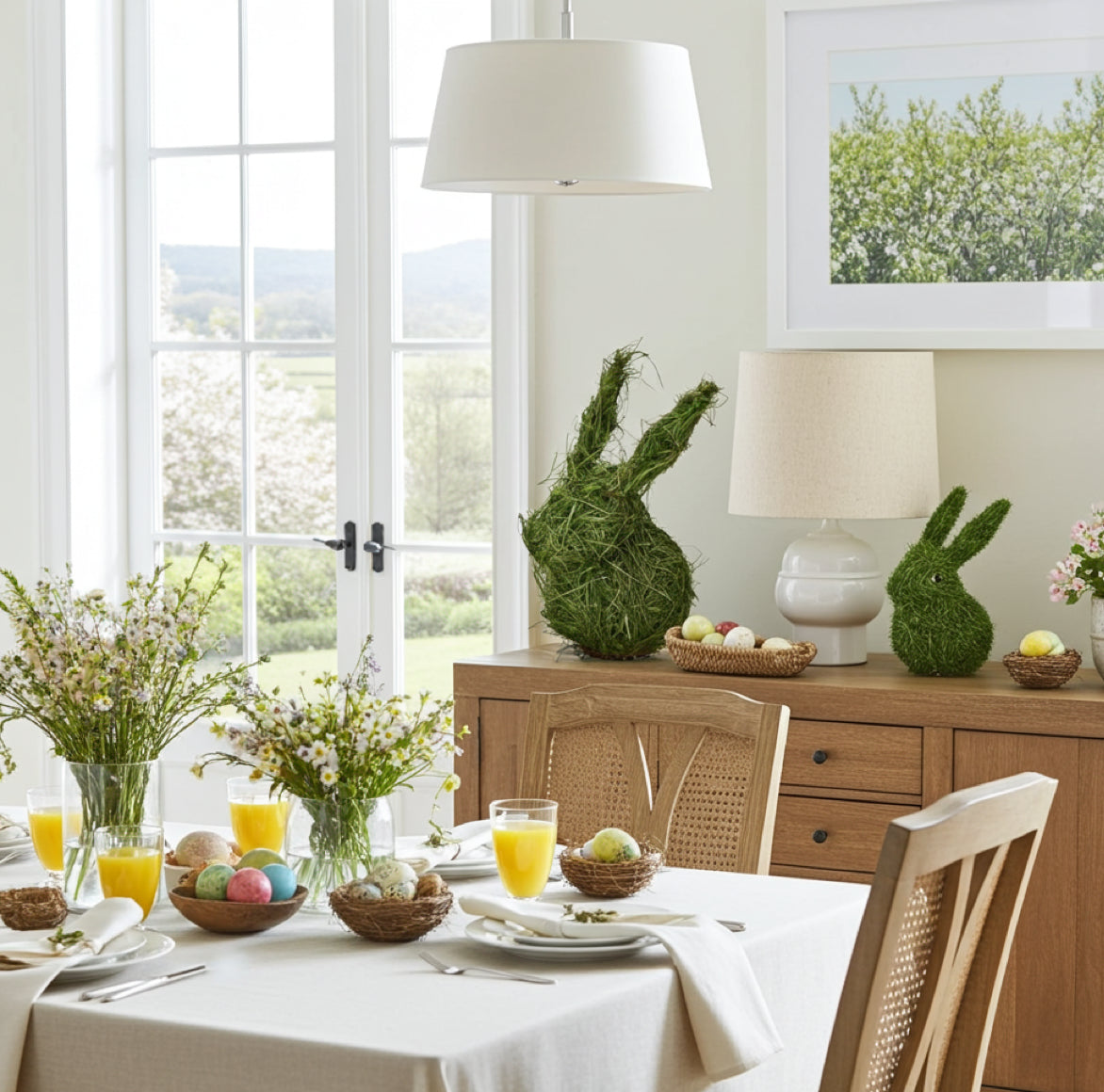 Deko-Hase aus grünem Naturgras auf einerm Sideboard im Esszimmer als Osterdeko