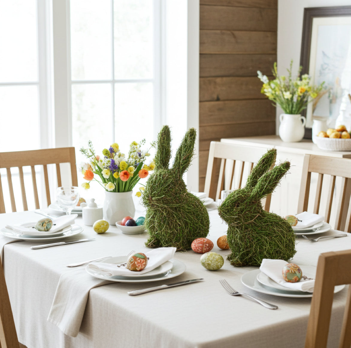 Oster-Tischdekoration mit dem Grashasen und Frühlingsblumen.