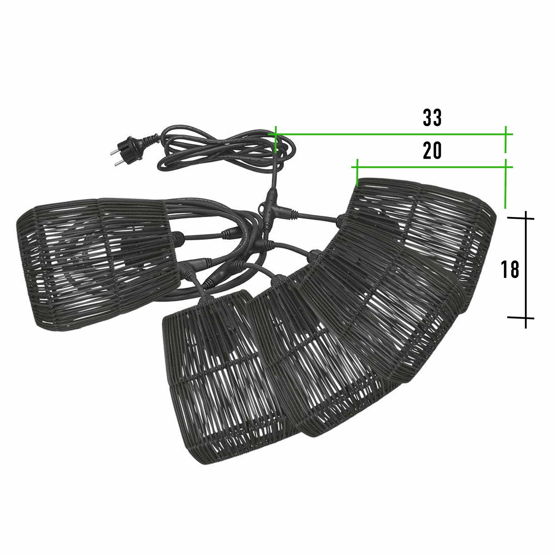Outdoor Lichterkette mit 5 schwarzen Lampenschirmen aus Gummi Seil im Rattan Look Beleuchtung für Terrasse & Balkon mit 5 Lampen Soulbirdee Onlineshop