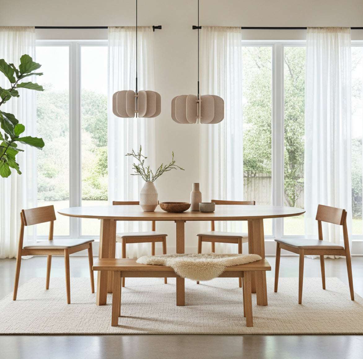 2 Pendelleuchte Beige 45 MULA von Sollux mit Lampenschirm in Fächer Form aus Filz über einem rechteckigen Esstisch