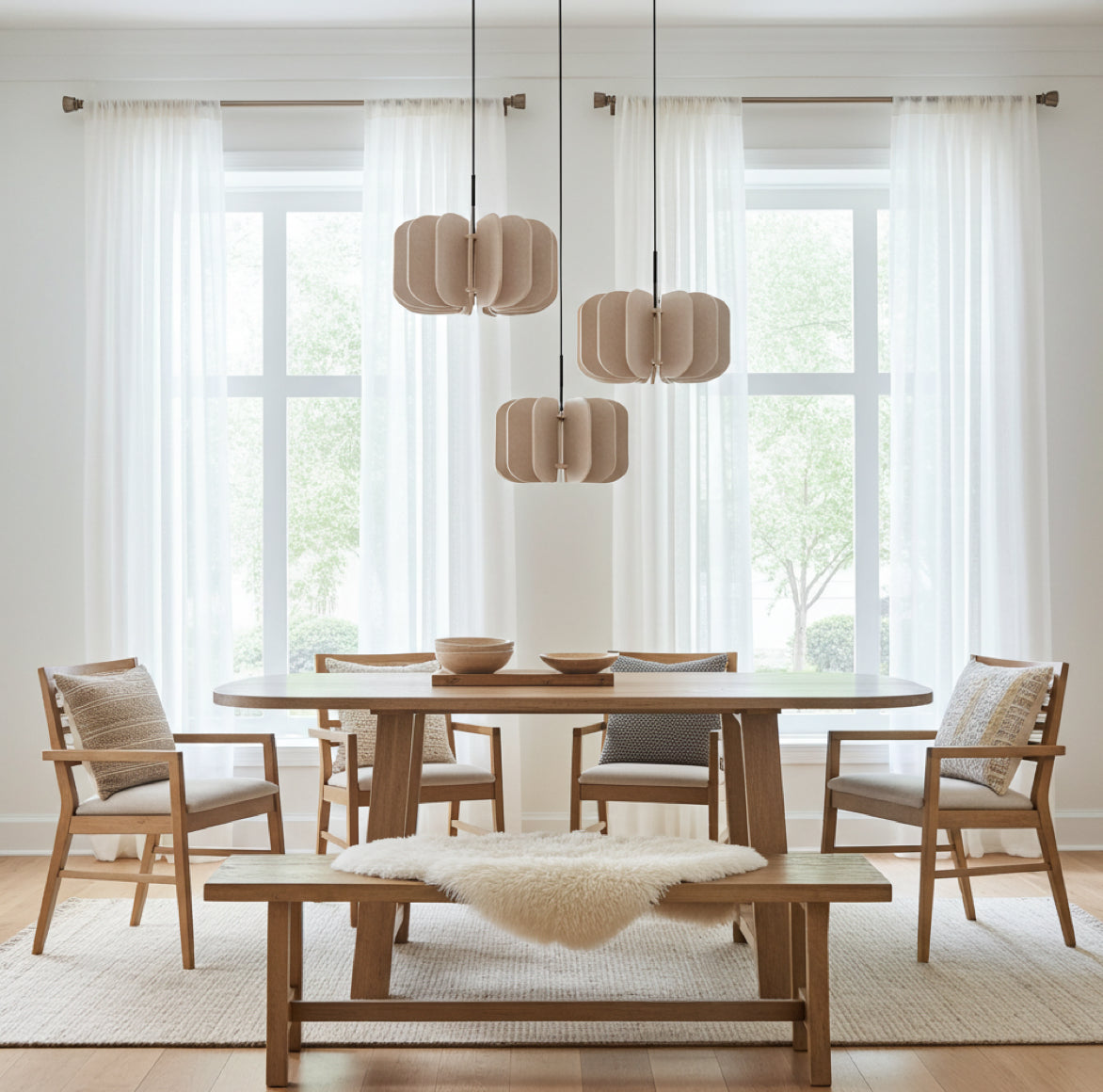 3 moderne Pendelleuchten mit Beige Lampenschirm aus Filz 45 MULA von Sollux über einem rechteckigen Esstisch