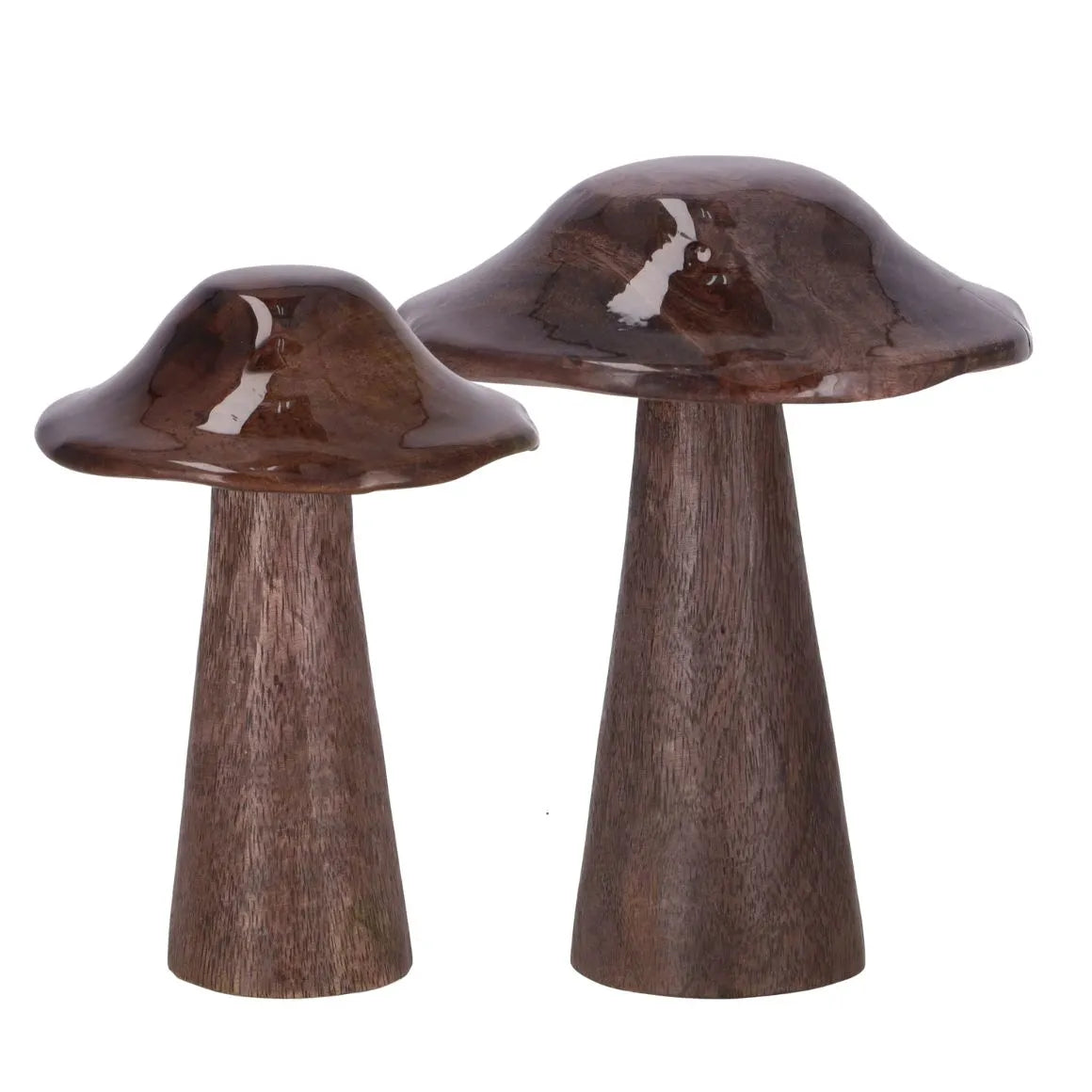 Braune Dekofigur Pilz aus Holz mit mattem Stiel und glänzender Kappe