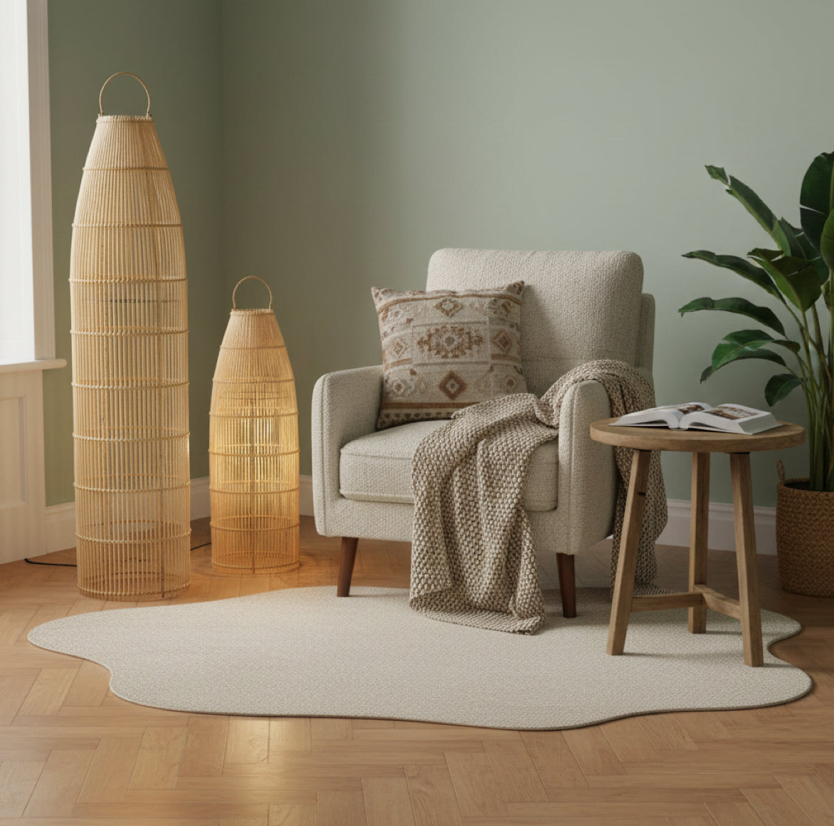 Rattan Lampenschirme hoch und schmal Fischernetz als Bodenlampen im gemütlichen Wohnzimmer