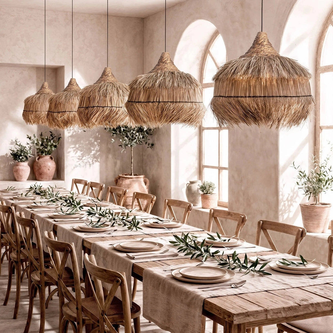 Fünf Rattan Pendelleuchten Liana über einem langen gedeckten Holztisch im Restaurant, Boho Tischdekoration mit Leinen, Olivenzweigen und natürlichem Interior Design.
