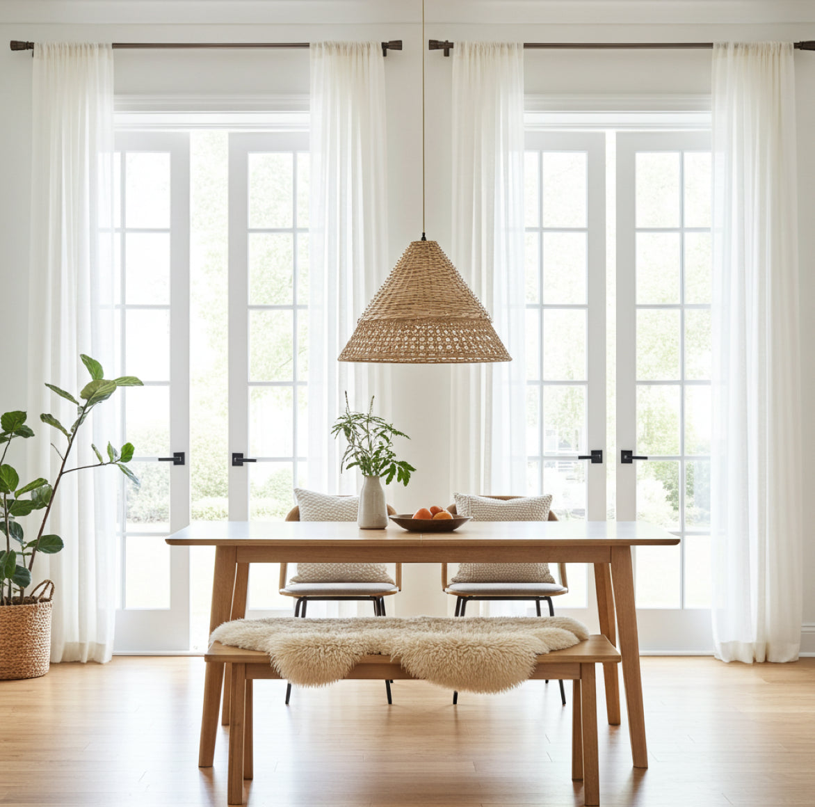 Asymmetrische Rattan-Hängeleuchte PUNE mit doppeltem Lampenschirm im skandinavischen Stil.