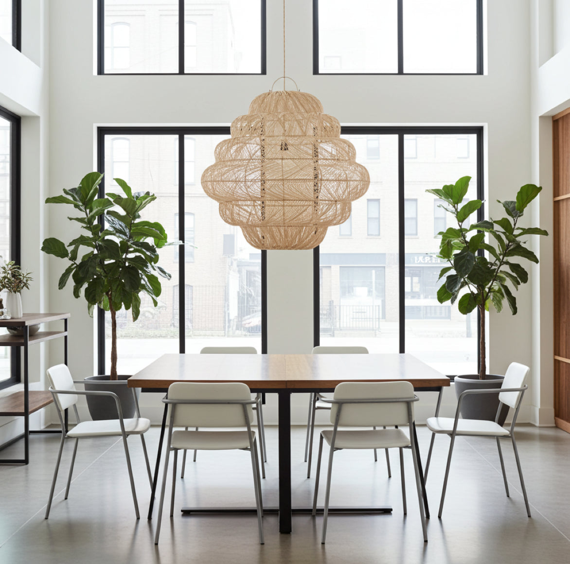 Aurora XL Rattanlampe über einem großen Tisch in einem modernen Meeting-ereich.