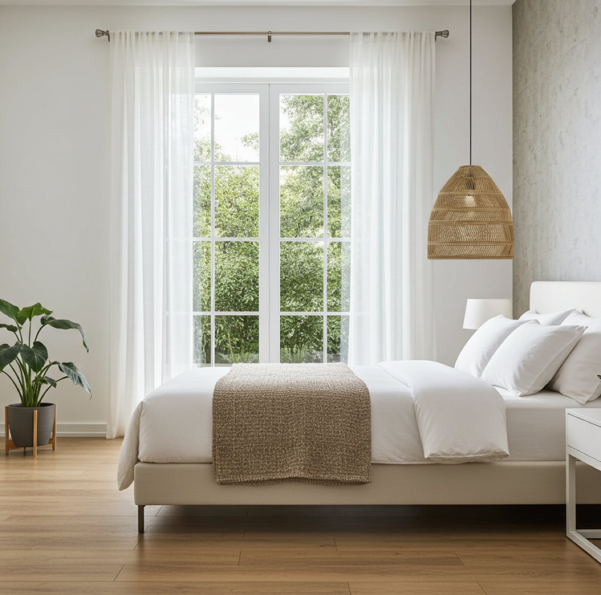 Braune Rattan Lampe MAJA als Nachttisch-beleuchtung in einem Schlafzimmer im Boho- und Skandi-Stil.