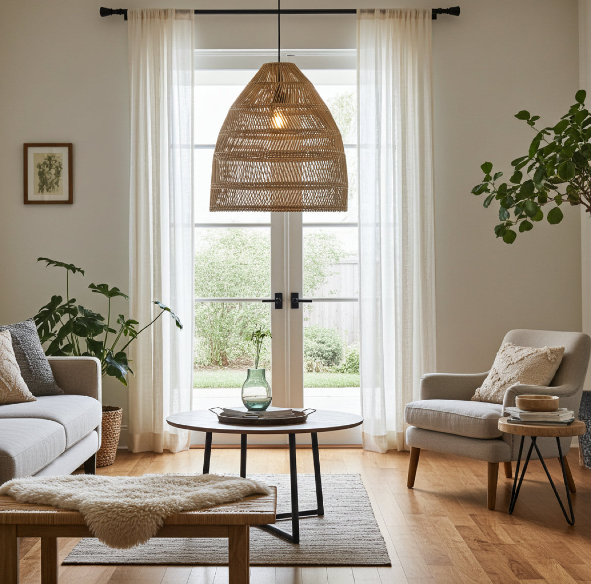 Braune Rattan Lampe MAJA als Hängelampe in einem hellen Wohnzimmer im Skandi-Stil 3353-BT02 prhome 7330976075034