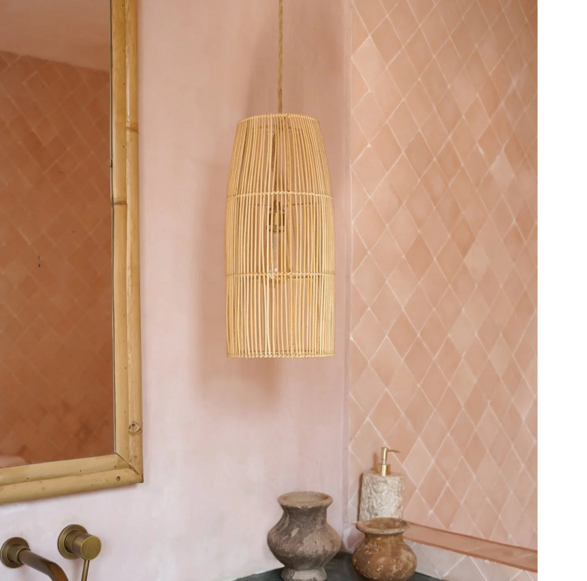 Rattan Deckenlampe in Braun Lampenschirm für Rattan Lampe als Hängelampe für Wohnzimmer & Treppenhaus 