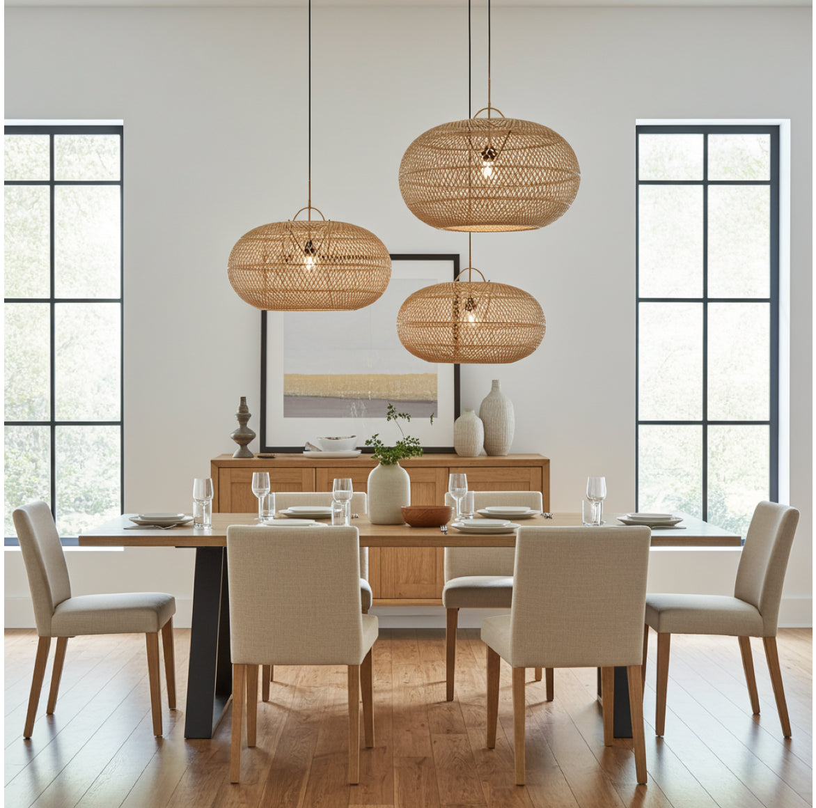Drei verschiedene Größen des runden Rattan Lampenschirms WHOLLY in einem hellen, modern eingerichteten Raum