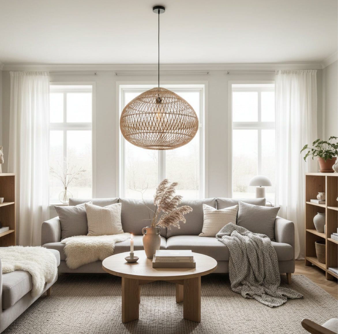 Rattan Wohnzimmerlampe xl über Sofatisch in modernem Wohnraum