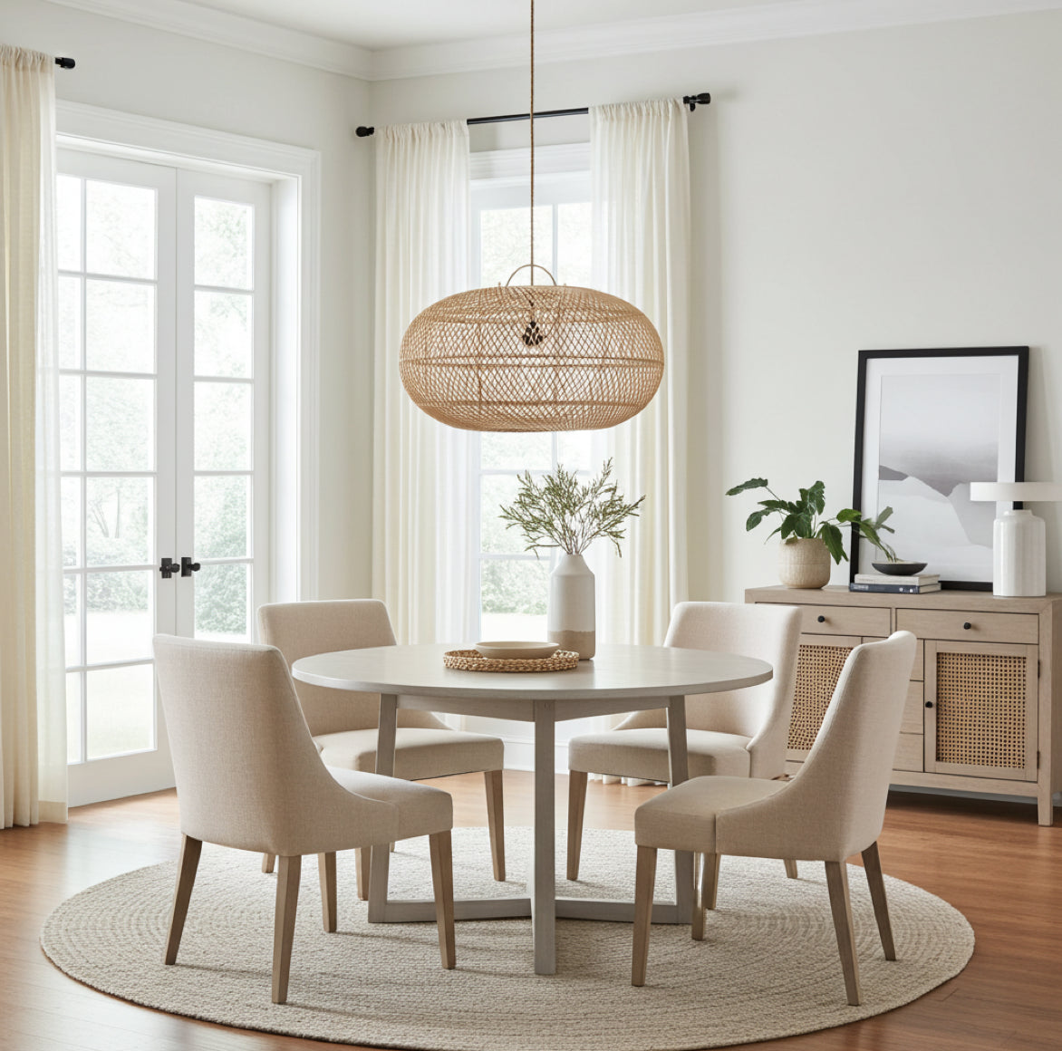 Moderner Rattan Lampenschirm WHOLLY über einem runden Esstisch mit vier geradlinigen Polsterstühlen im nordischen Stil.