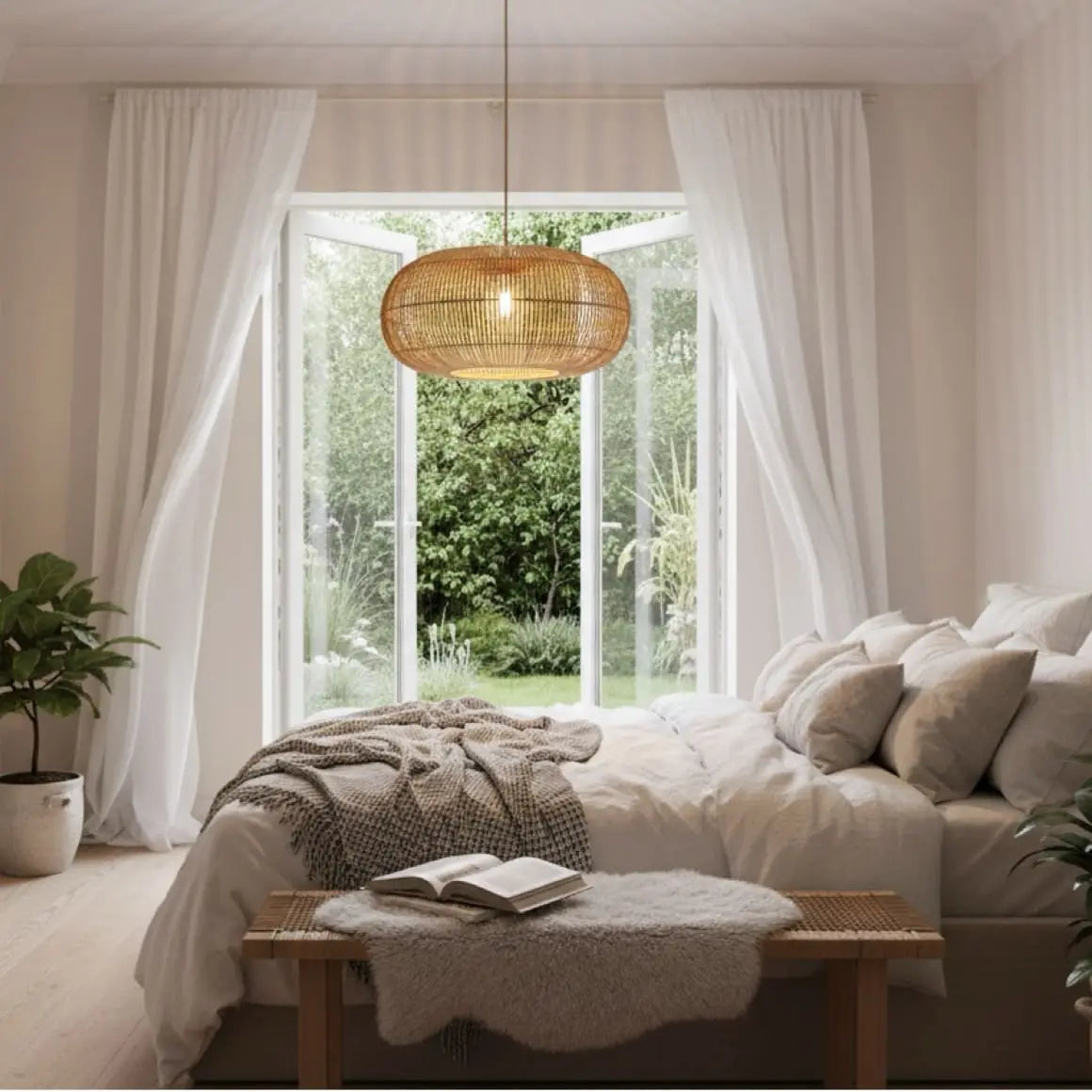 Skandinavisch eingerichtetes Schlafzimmer mit der Rattan-Leuchte Cerise als zentrales Design-Element für mehr Geborgenheit.