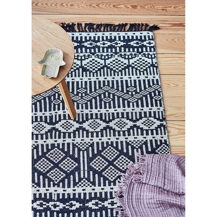 Relaxdays Flurteppich 80x200 Cm, Handgewebt Aus 100% Baumwolle, Rutschfest, Schwarz-weißes Karo-Muster