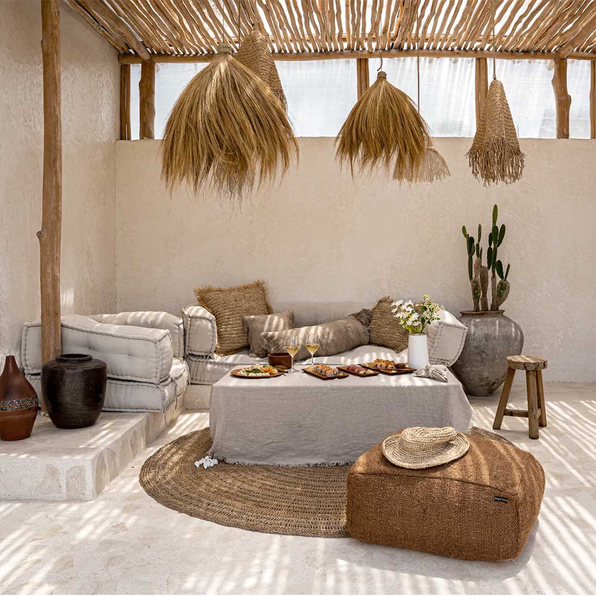 Seegras Lampenschirm Pendelleuchte Gras Rayung Hütte Gras Lampe der Marke Bazar Bizar Boho Style Hängelampe im Bali Soulbirdee Lampenshop außergewöhnliche Lampen Esstisch Pendelleuchte