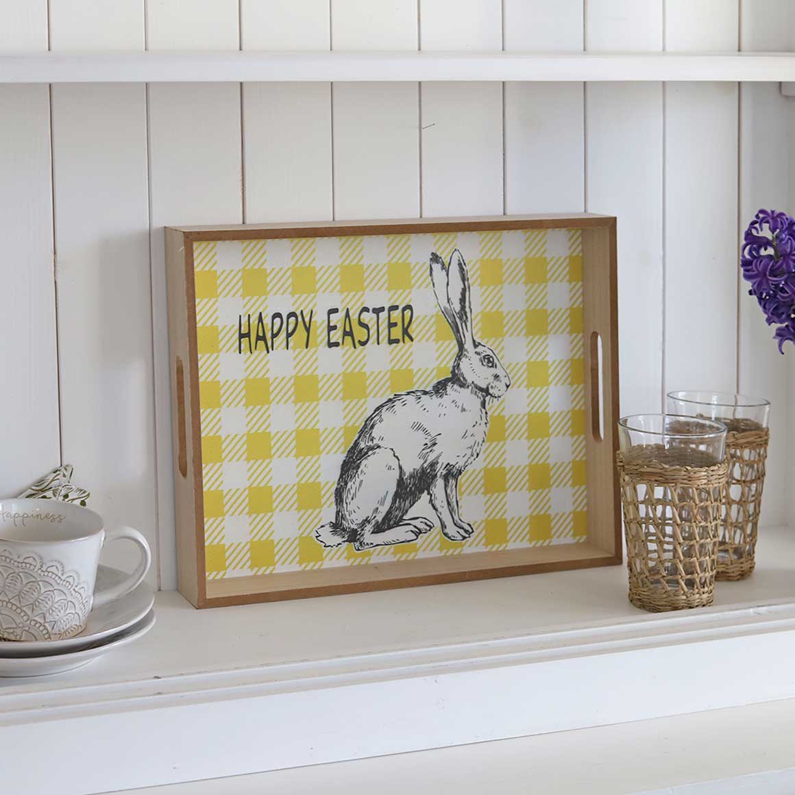 Tablett aus Holz Gelb Hase Print Holztablett Holz Süße Osterdeko Serviertablett mit Griff Osterdeko Idee Oster Dekoration Geschirr Oster Dekoration Soulbirdee Onlineshop