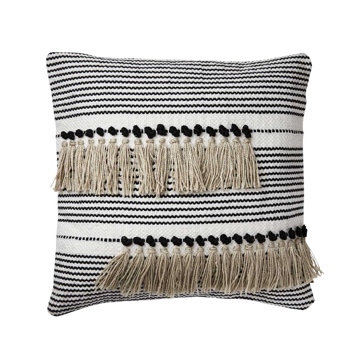 Sofakissen Zanzibar Fransen quadratisches Boho Kissen in Weiss & Schwarz & Natur für das Boho Wohnzimmer Kissen kaufen im Soulbirdee Shop
