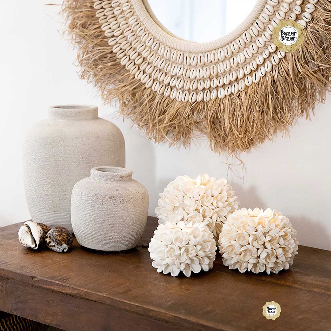 Wandspiegel rund Bast Muschel Spiegel 75 Coastal Wandspiegel Gras Muscheln Bazar Bizar BALE067NW-L-75 Boho Ibiza Soulbirdee Shop
