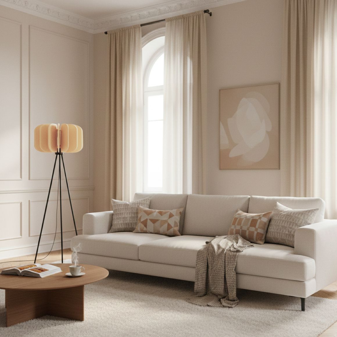 Stehlampe Dreibein Gestell mit gelbem  Lampenschirm in boho Wohnzimmer